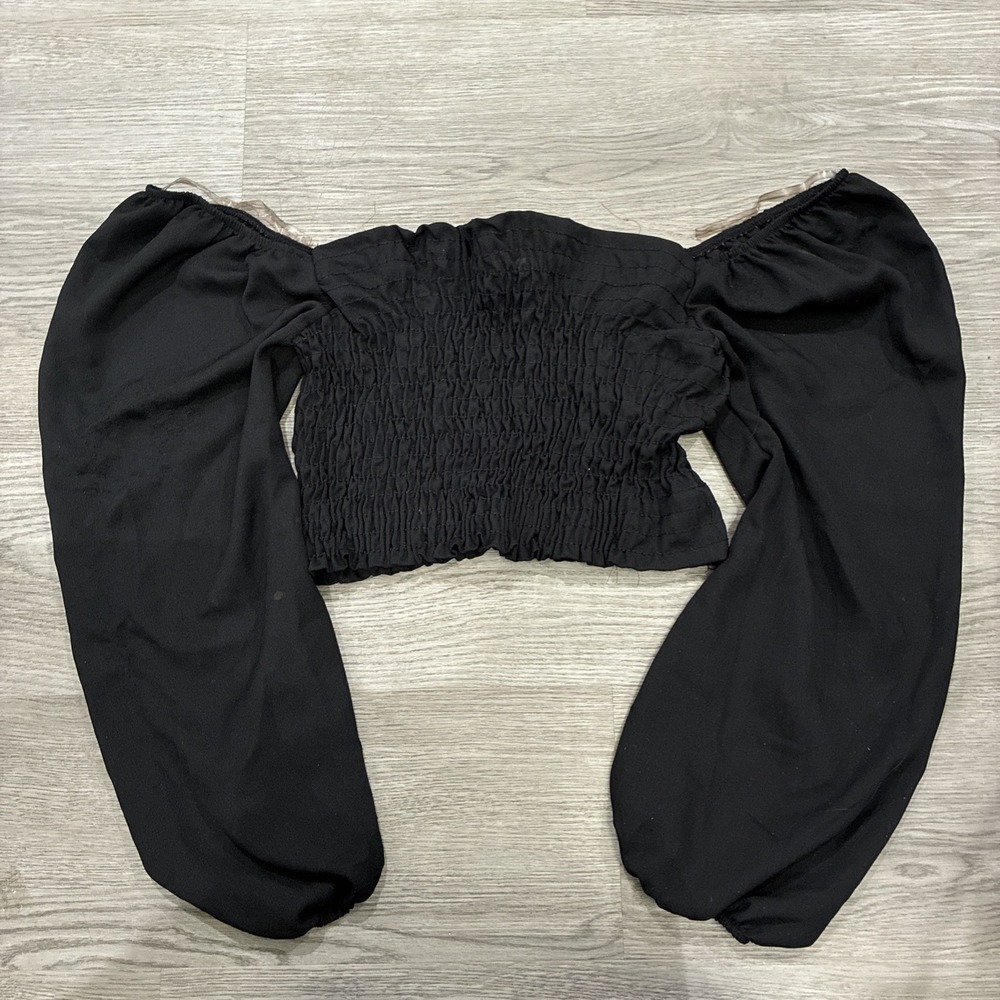 Black Mint Choco Smocked Tube Top With Long Balloon Sleeves | Size M